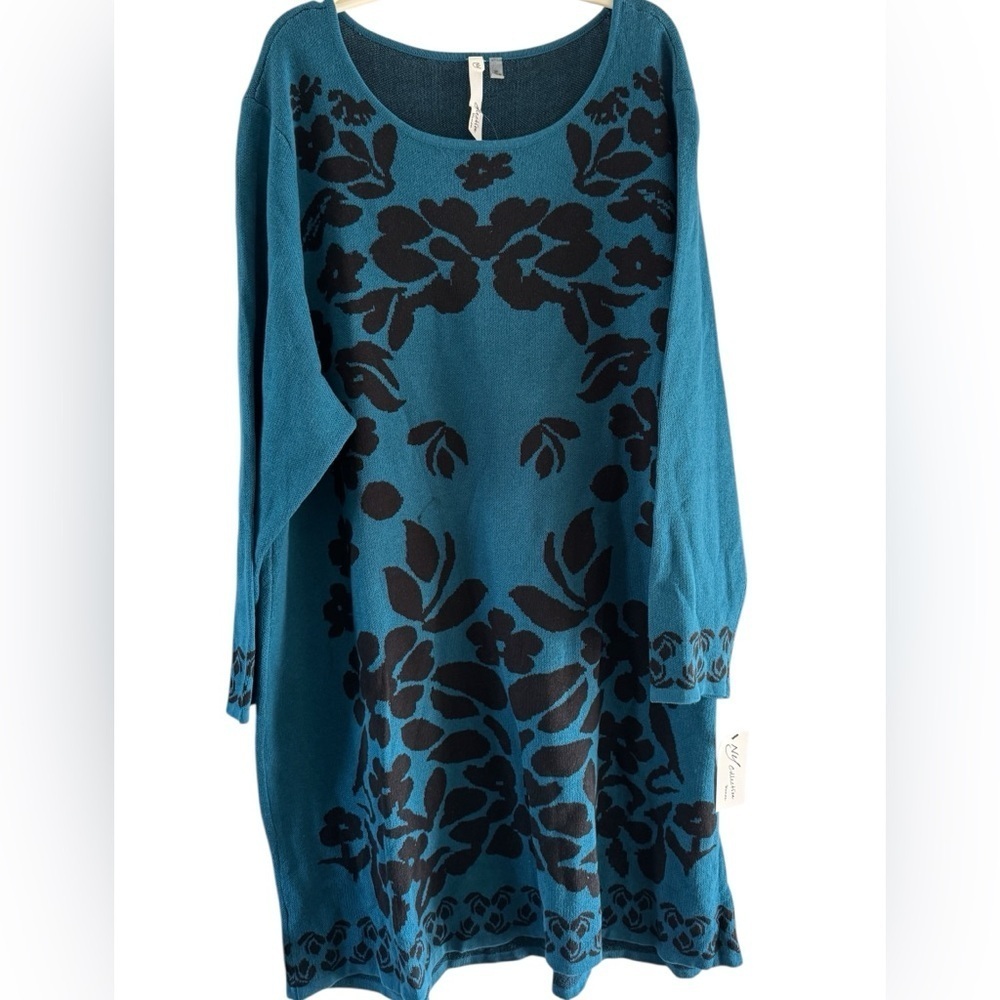 NY Collection Teal and Black Floral Print Sweater Dress or Tunic Size 3X